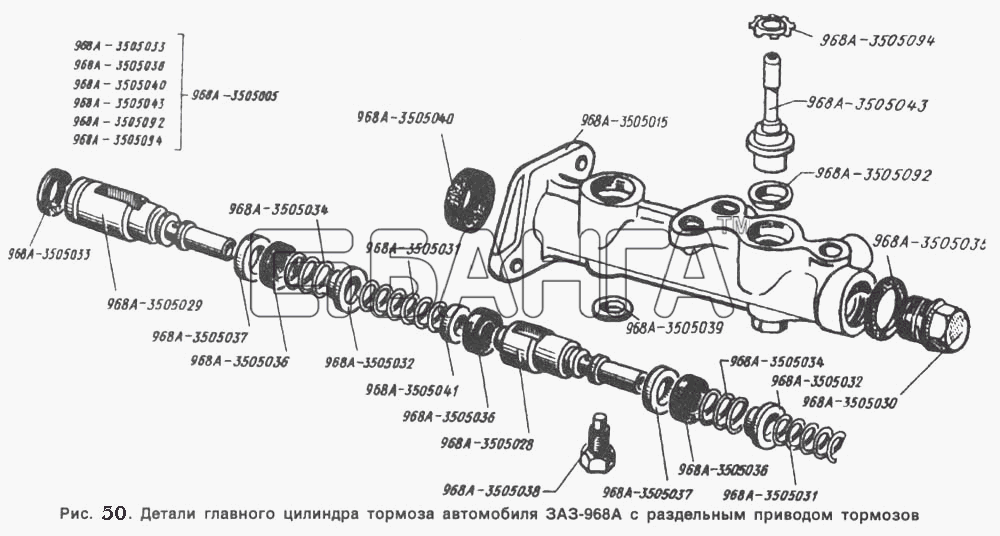ЗАЗ ЗАЗ 968 Схема Детали главного цилиндра тормоза автомобиля banga.ua