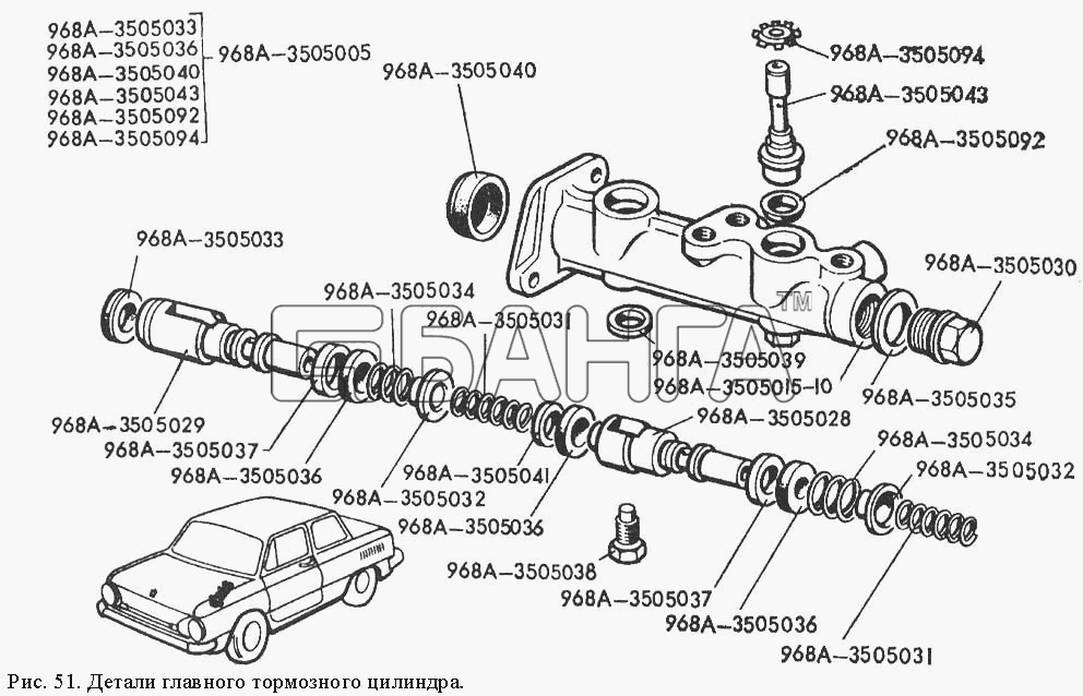 ЗАЗ ЗАЗ 968М Схема Детали главного тормозного цилиндра-96 banga.ua