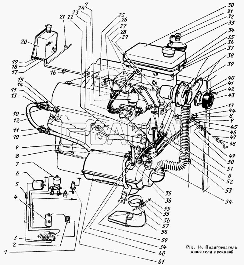 ЗИЛ ЗиЛ 431410 Каталог 1989 г. Схема Подогреватель двигателя