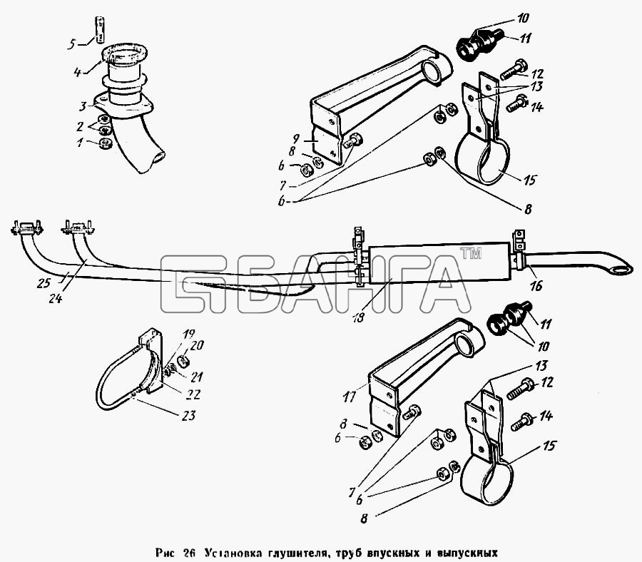 ЗИЛ ЗиЛ 431410 Каталог 1989 г. Схема Установка глушителя труб впускных