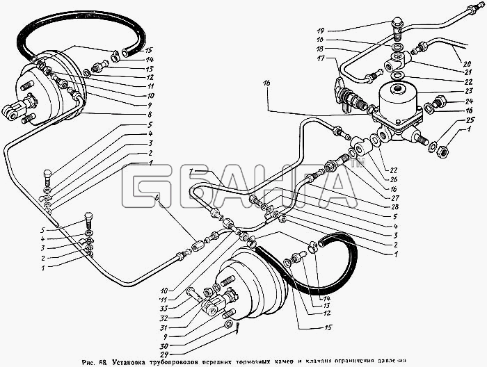 ЗИЛ ЗиЛ 431410 Каталог 1989 г. Схема Установка трубопроводов передних