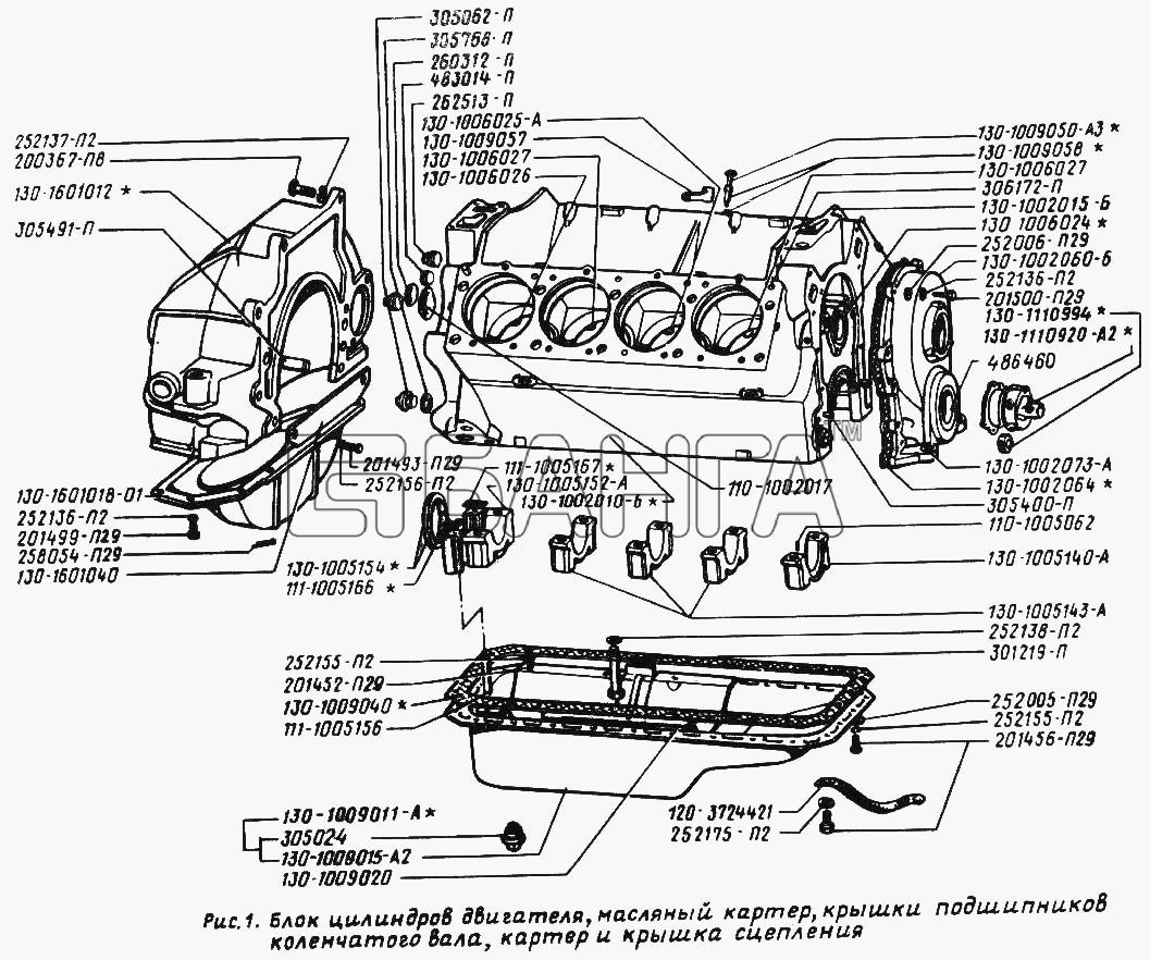 ЗИЛ ЗИЛ 431410 (130) Схема Блок цилиндров двигателя масляный картер