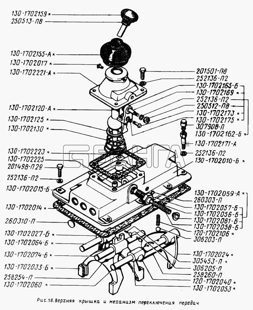 ЗИЛ ЗИЛ 431410 (130) Схема Верхняя крышка и механизм переключения
