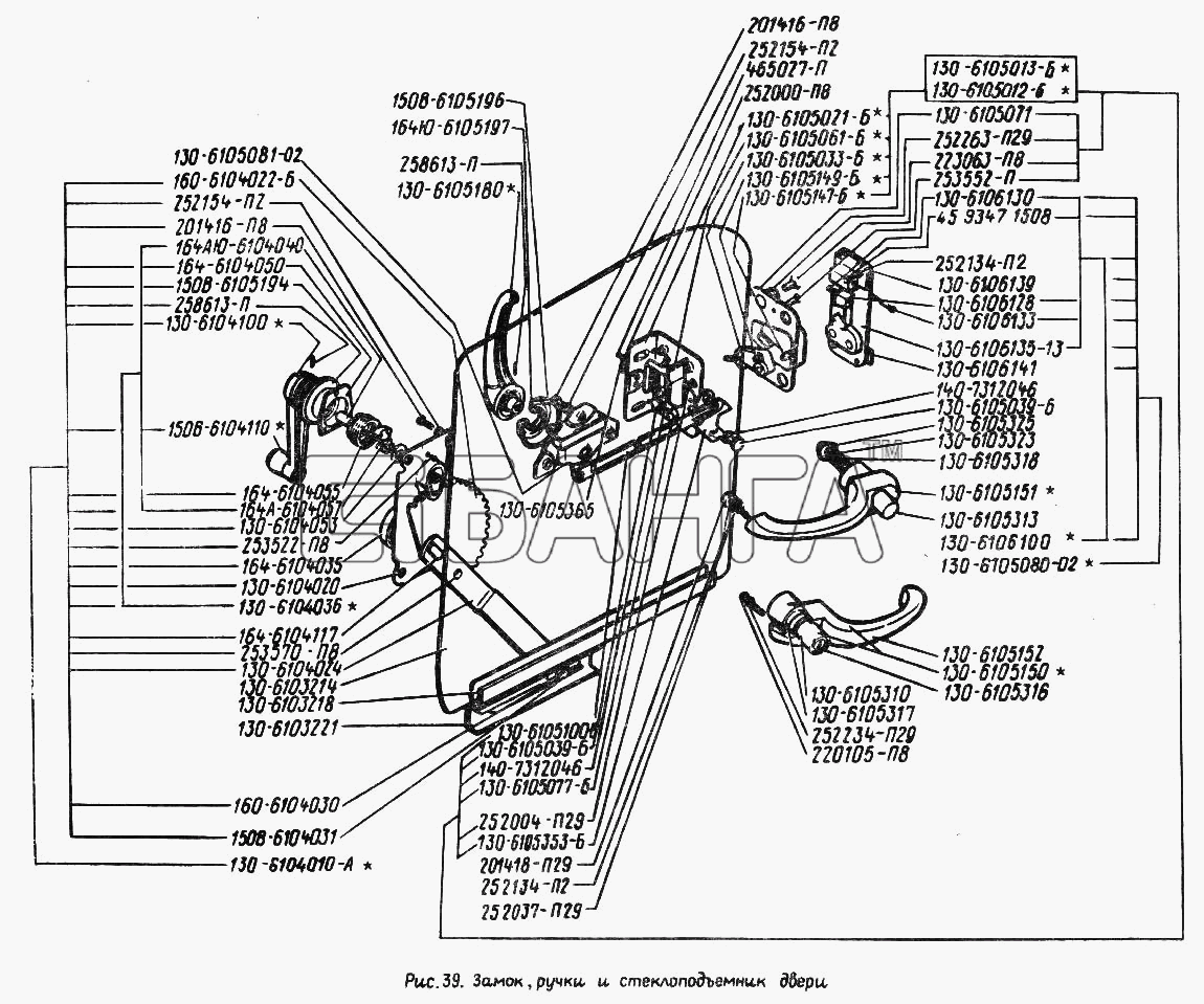ЗИЛ ЗИЛ 431410 (130) Схема Замок ручки и стеклоподъемник двери-4