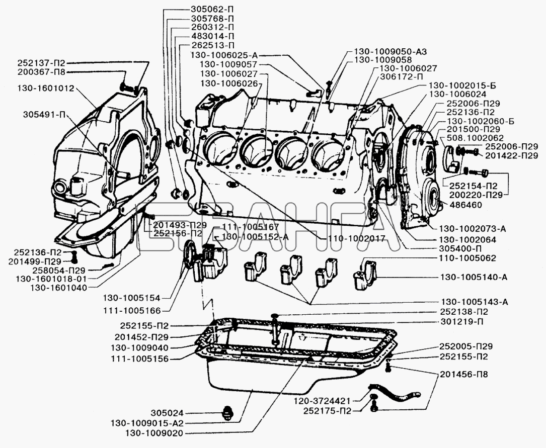 ЗИЛ ЗИЛ-433110 Схема Блок цилиндров двигателя масляный картер banga.ua