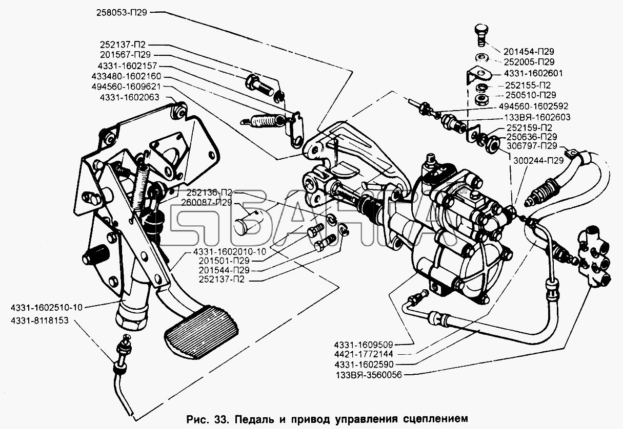 ЗИЛ ЗИЛ-433110 Схема Педаль и привод управления сцеплением-76 banga.ua