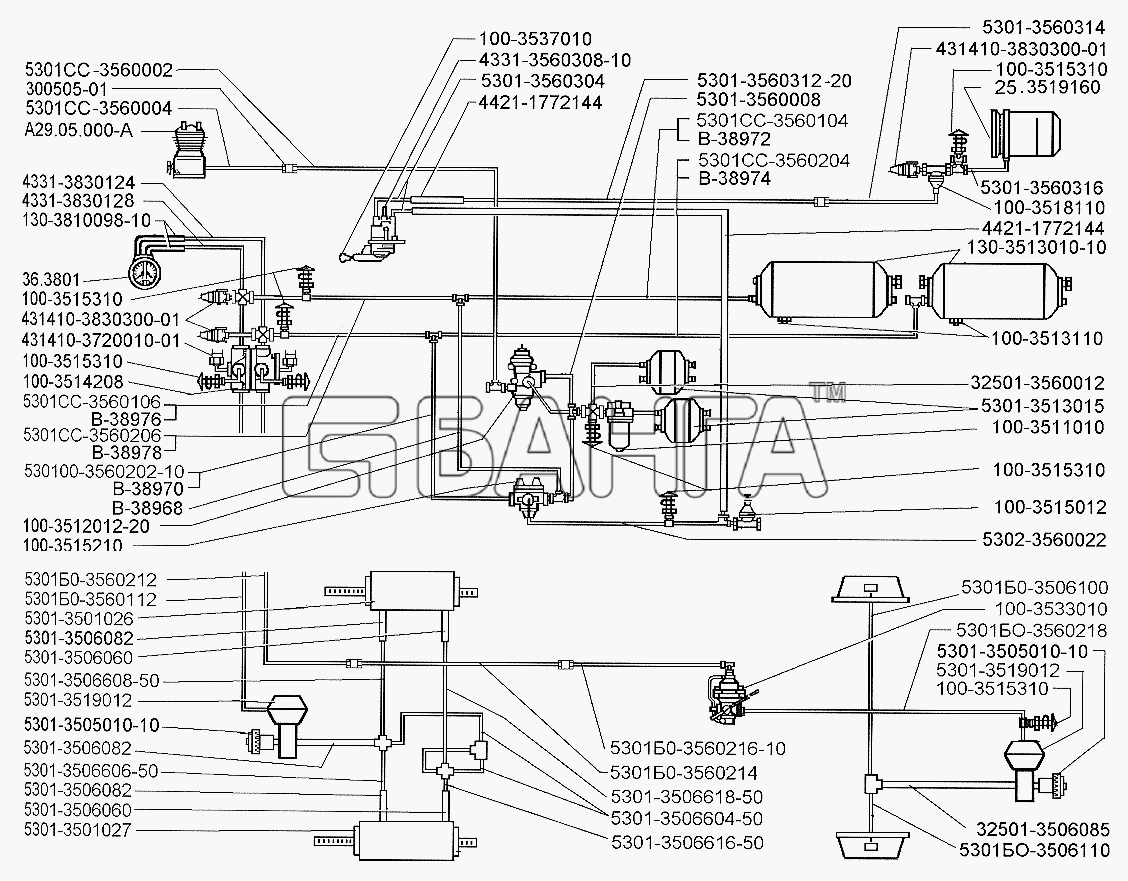 ЗИЛ ЗИЛ-5301 (2006) Схема тормозного привода автомобиля ЗИЛ-5301 без АБС