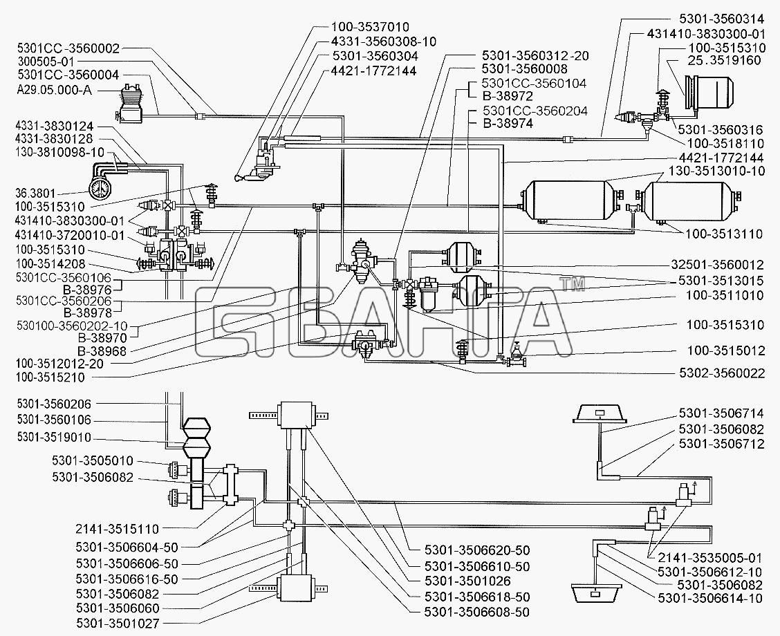 ЗИЛ ЗИЛ-5301 (2006) Схема тормозного привода автомобиля ЗИЛ-5301 без АБС