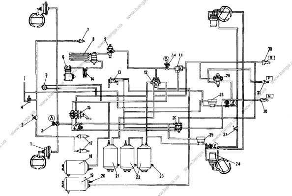 Схема пневматического привода тормозных механизмов автомобилей КамАЗ-53229,-65115,- 54115,-43253