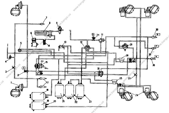 Схема пневматического привода тормозных механизмов автомобилей КамАЗ-43101, 43114