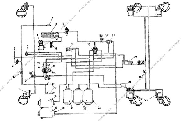 Схема пневматического привода тормозных механизмов автомобилей КамАЗ-53228