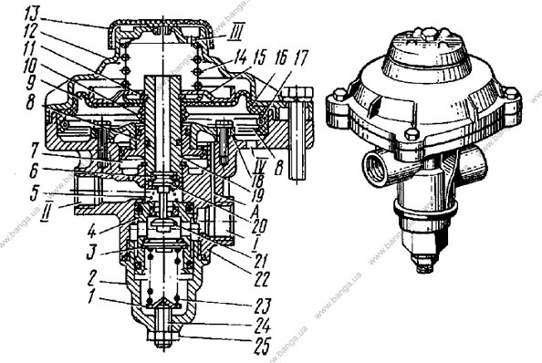 Клапан управления тормозными механизмами прицепа с однопроводным приводом КамАЗ-5320, -55102, -55111, -53212