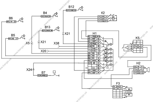 Функциональная схема световой и звуковой сигнализации тормозной системы КамАЗ-5320, -55102, -55111