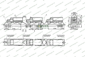 Схема установки автомобиля на сцепдвух железнодорожных платформ КрАЗ-5233ВЕ, КрАЗ-5233НЕ 