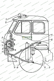 Схема системы отопления и вентиляции кабины и обдува ветрового стекла МАЗ-500 