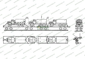 Схема погрузки и крепления трех автомобилей на двух четырехосных платформах УРАЛ-4320-10, УРАЛ-4320-31