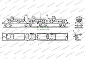 Схема погрузки и крепления трех автомобилей на двух четырехосных платформах Урал-5557-40